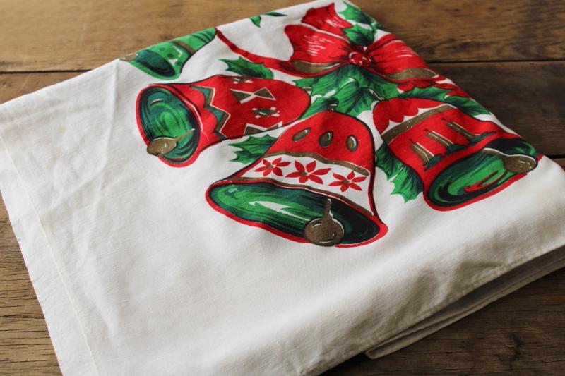 vintage Christmas bells printed cotton tablecloth, retro red & green holiday print