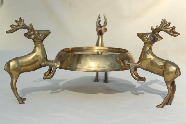 vintage Christmas brass reindeer pot stand for tabletop tree or vase, leaping deer
