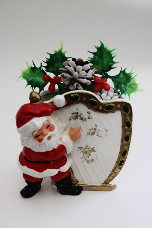 vintage Christmas ceramic planter Santa Claus w/ harp, hand painted china Japan