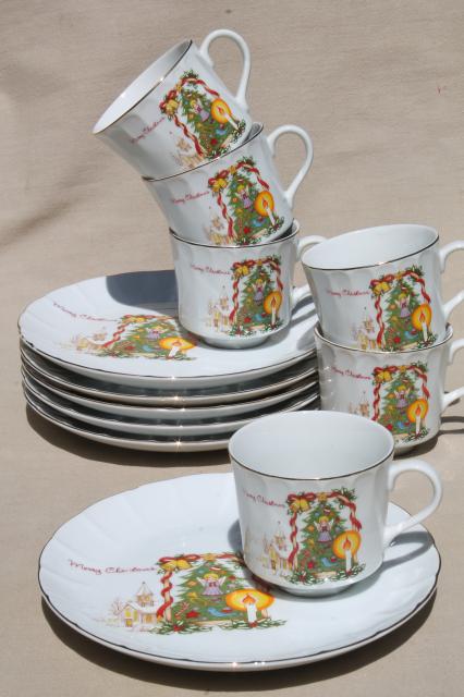 vintage Christmas china snack set plates & tea cups, E&R golden crown Ebeling & Reuss