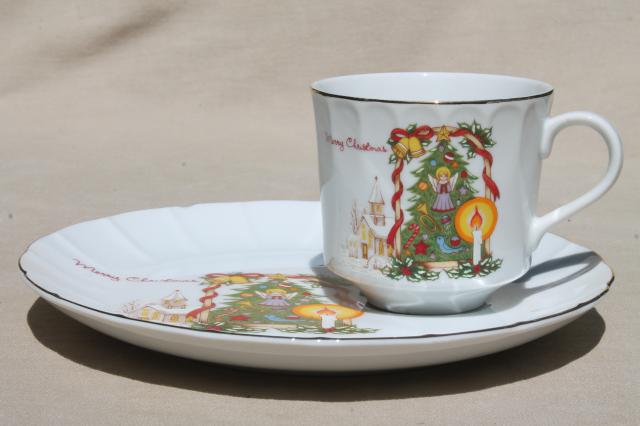 vintage Christmas china snack set plates & tea cups, E&R golden crown Ebeling & Reuss
