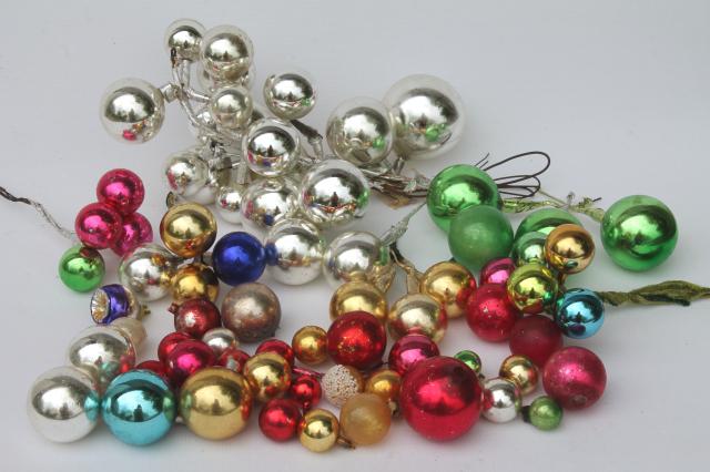vintage Christmas decorations, holiday ornament floral picks, mercury glass balls for wreaths etc.