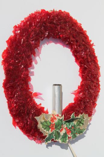 vintage Christmas decorations, red cellophane & chenille velvet wreaths w/ electric candles