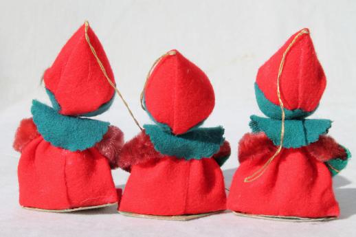 vintage Christmas decorations, tiny chenille pixies elves gift package or tree ornaments