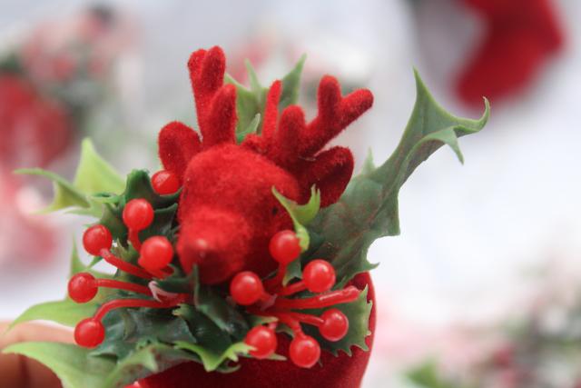 vintage Christmas flocked plastic florist picks, red deer, Santa boot w/ candy canes & snowman