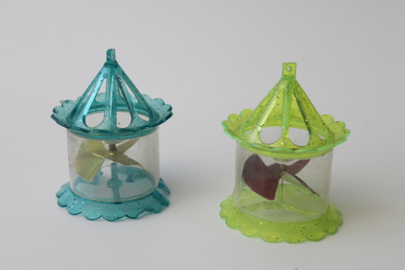 vintage Christmas glitter plastic spinner motion ornaments, foil pinwheel birdcage