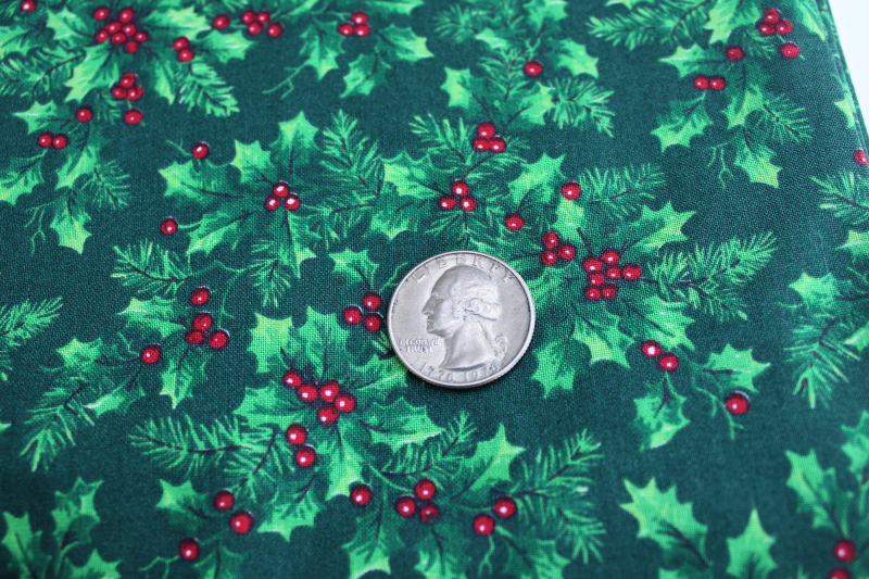 vintage Christmas holiday craft quilting cotton fabric, red  green holly print