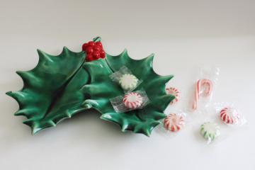 vintage Christmas holly candy dish, hand painted hobbyist ceramic 