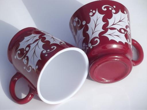 vintage Christmas holly glass punch bowl & cups, cranberry red & white