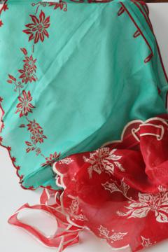 vintage Christmas hostess aprons, half apron styles flocked flowers on sheer cotton