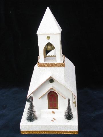 vintage Christmas, lighted cardboard paper church music box light, for putz village