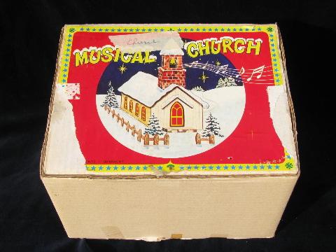 vintage Christmas, lighted cardboard paper church music box light, for putz village
