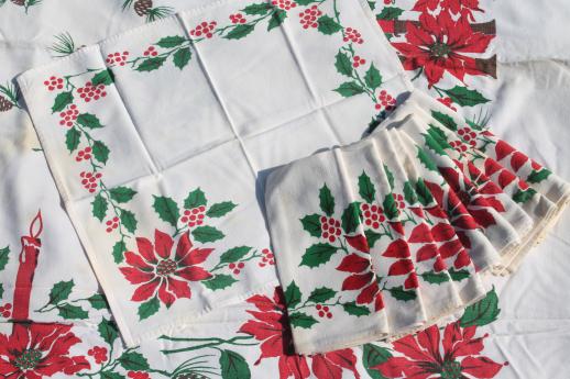 vintage Christmas linens, lot holiday print cotton tablecloths & cloth napkins