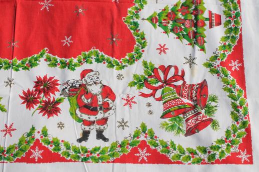 vintage Christmas linens, lot holiday print cotton tablecloths & cloth napkins