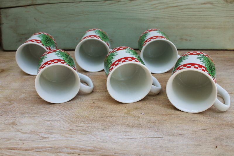 vintage Christmas mugs set, rustic cozy holiday red  white checked w/ pine trees