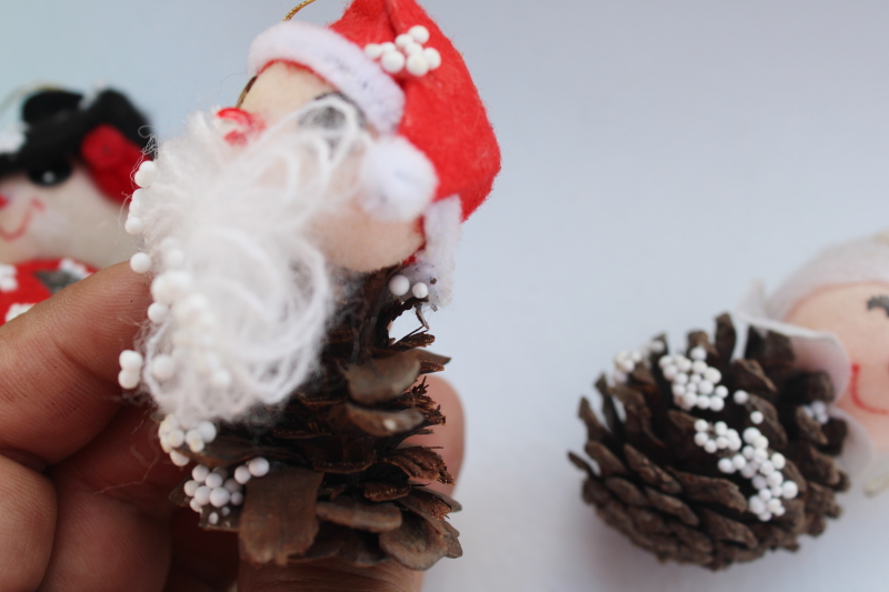 vintage Christmas ornaments, Santa, Mrs Claus  snowman pinecone tree hangers in box