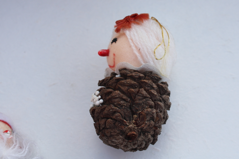 vintage Christmas ornaments, Santa, Mrs Claus  snowman pinecone tree hangers in box