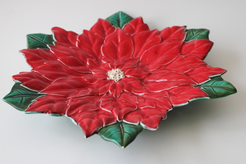 vintage Christmas poinsettia plate, hand painted hobbyist ceramic candy dish
