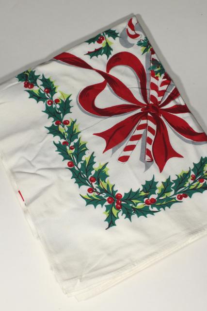 vintage Christmas print cotton tablecloth candy canes red ribbons & green holly