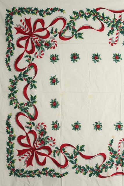 vintage Christmas print cotton tablecloth candy canes red ribbons & green holly
