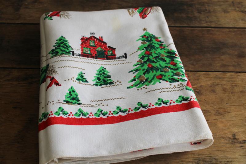 vintage Christmas print cotton tablecloth, jingle bells sleigh ride w/ carolers