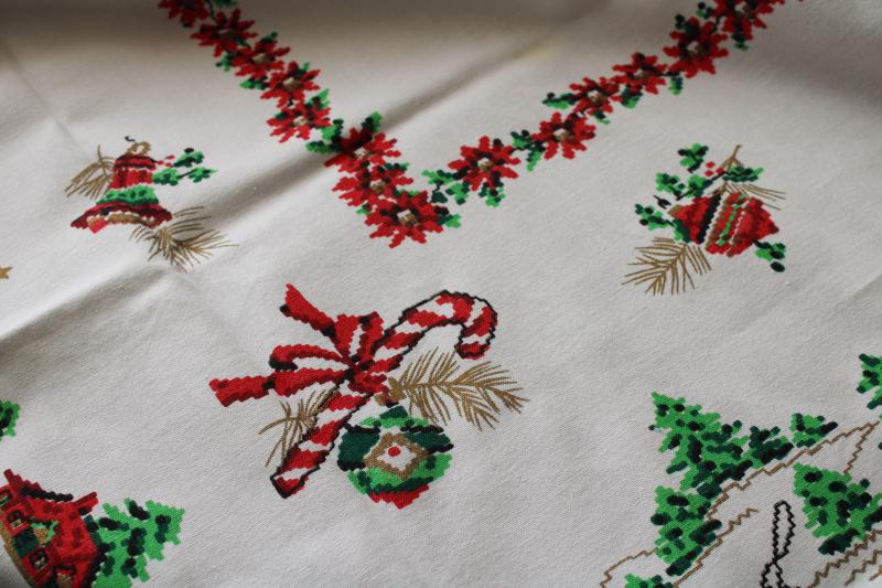 vintage Christmas print cotton tablecloth, jingle bells sleigh ride w/ carolers