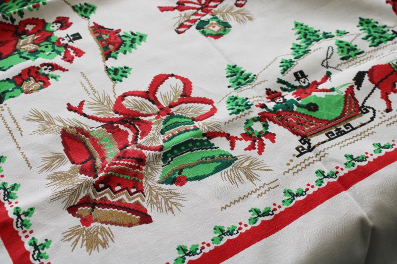 vintage Christmas print cotton tablecloth, jingle bells sleigh ride w ...
