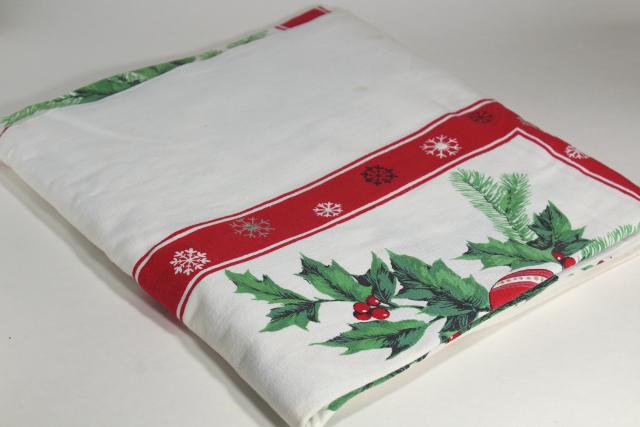 vintage Christmas print cotton tablecloth red & green holly, ornaments, greenery