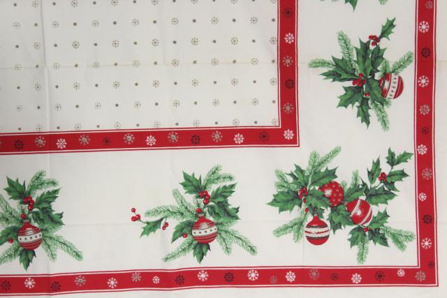 vintage Christmas print cotton tablecloth red & green holly, ornaments, greenery