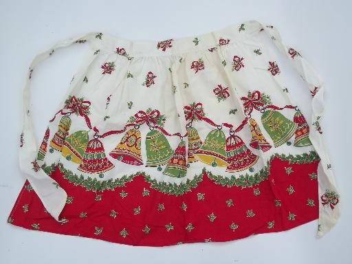 vintage Christmas printed cotton apron, holly bells border print fabric