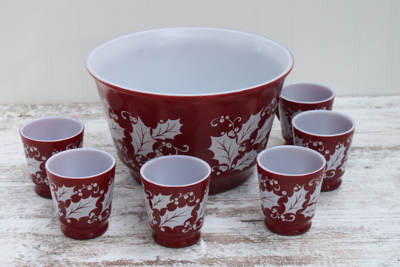 vintage Christmas punch or egg nog set, milk glass bowl mugs holly print on red Hazel Atlas glass