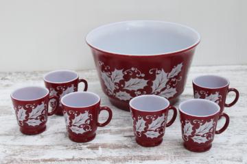 vintage Christmas punch or egg nog set, milk glass bowl mugs holly print on red Hazel Atlas glass