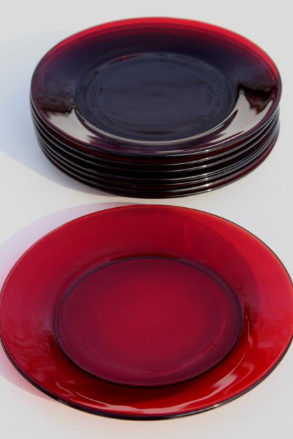vintage Christmas red glass salad / dessert plates, Royal Ruby or Arcoroc
