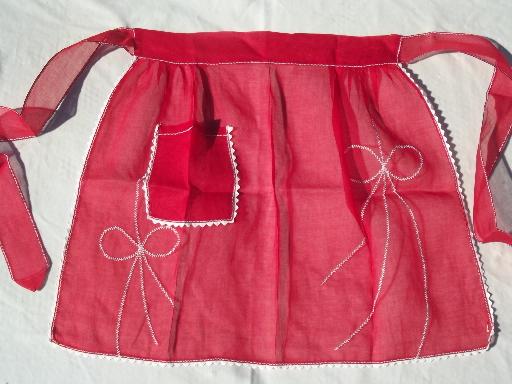 vintage Christmas red & white sheer aprons, holiday party hostess aprons