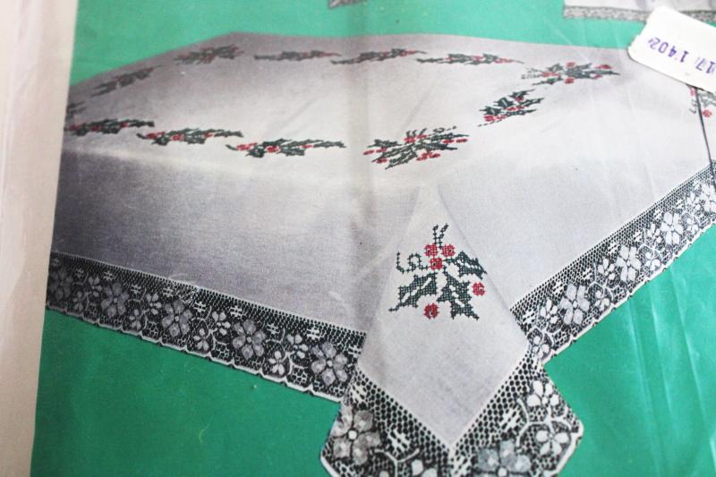 vintage Christmas tablecloth stamped for embroidery, cross-stitch holly