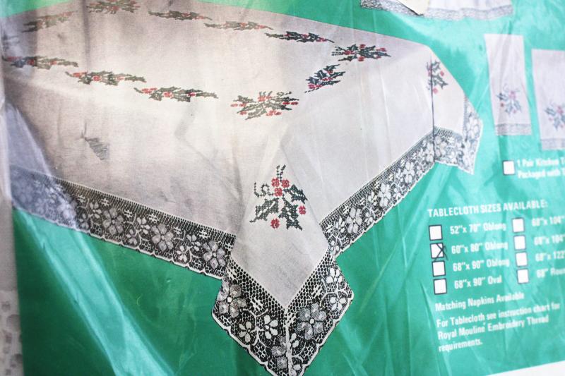vintage Christmas tablecloth stamped for embroidery, cross-stitch holly