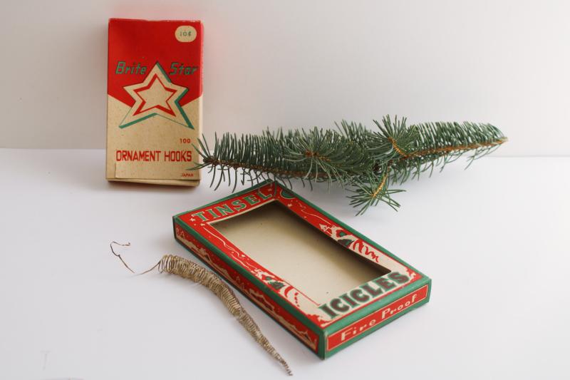 vintage Christmas tinsel metal icicles & Brite Star tree ornament hooks  boxes