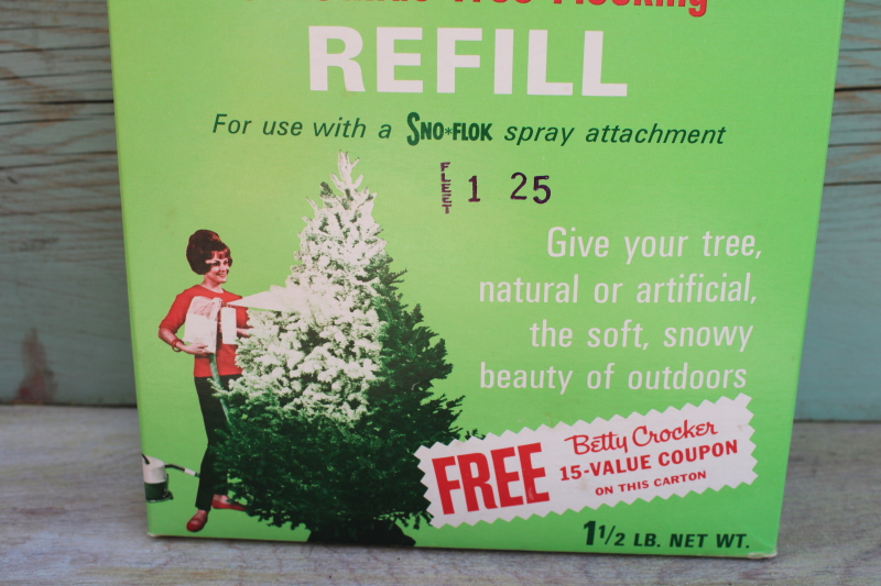 vintage Christmas tree snow flocking sealed box w/ fun retro graphics, MCM holiday decor