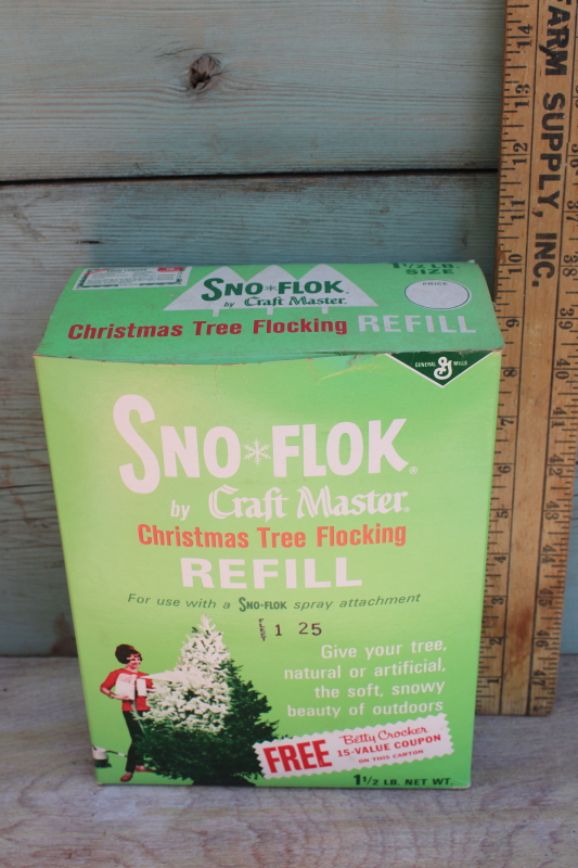 vintage Christmas tree snow flocking sealed box w/ fun retro graphics, MCM holiday decor