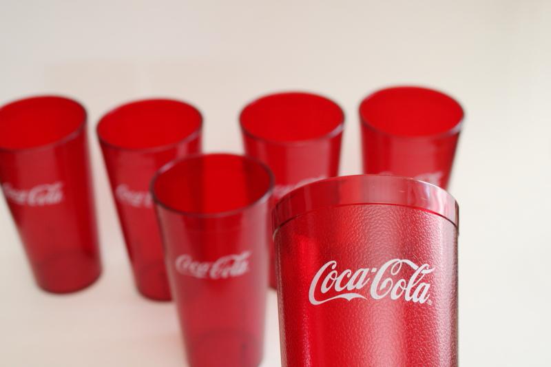 vintage Coca Cola red plastic drinking glasses, Silite type textured tumblers Coke