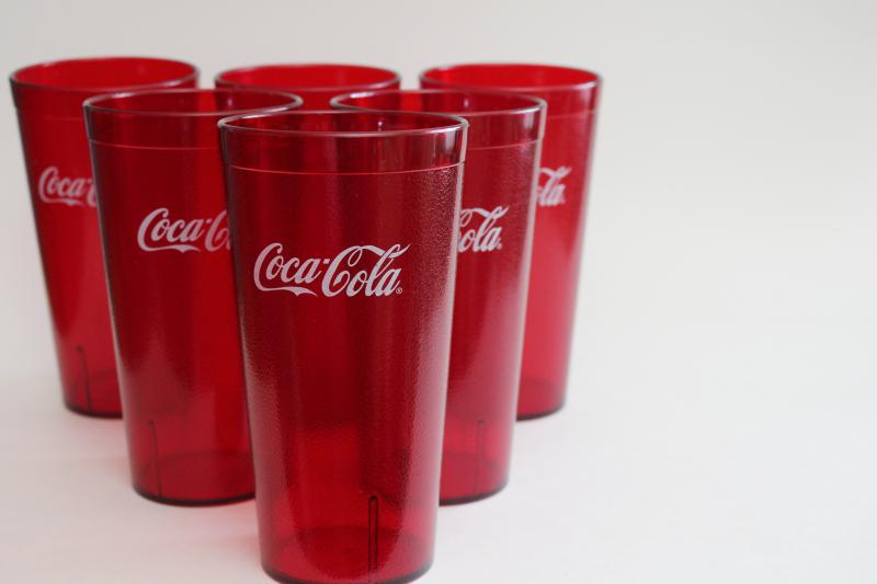 vintage Coca Cola red plastic drinking glasses, Silite type textured tumblers Coke