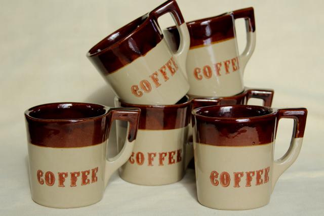 vintage Coffee mugs, heavy brown band stoneware Western Monmouth pottery