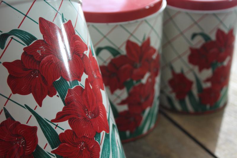 vintage Colorware kitchen canisters tins set w/ Christmas amaryllis red & green
