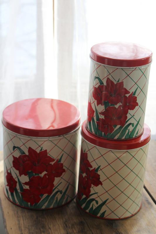 vintage Colorware kitchen canisters tins set w/ Christmas amaryllis red & green