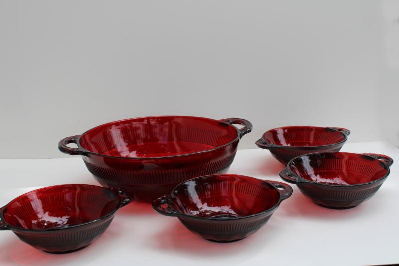 vintage Coronation pattern royal ruby red depression glass fruit bowls, dessert dishes set