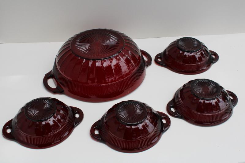 vintage Coronation pattern royal ruby red depression glass fruit bowls, dessert dishes set