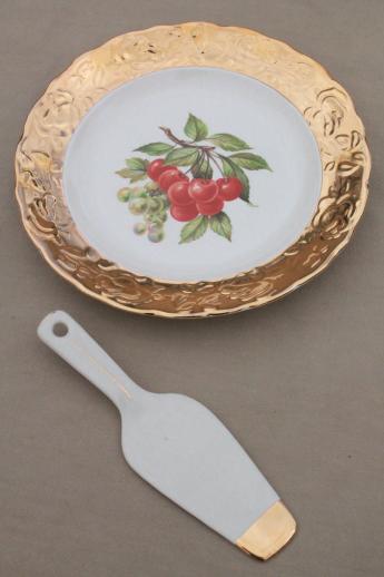 vintage Crest o Gold encrusted china, fruit pattern dessert plates, tray & server set