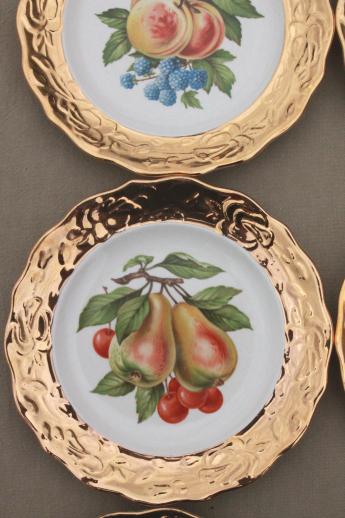 vintage Crest o Gold encrusted china, fruit pattern dessert plates, tray & server set