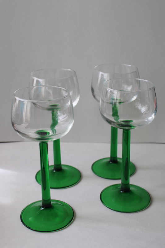 vintage Cristal darques France Rhine wine glasses, crystal clear w/ emerald green stems 