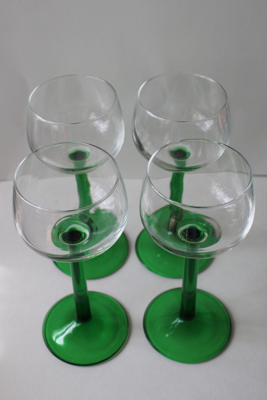 vintage Cristal darques France Rhine wine glasses, crystal clear w/ emerald green stems 